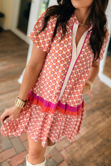 Geometric Floral Print Colour Block Trim Button Front Ruffle Hem Dress