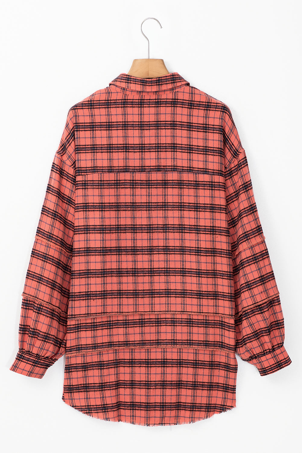 Red Plaid Long Sleeeve Side Split Distressed Hem Shirt eAura