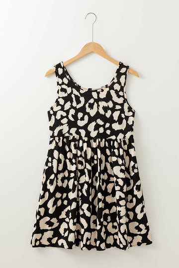 Black Leopard Print U Neck Sleeveless High Waist Dress - Dresses/Mini Dresses