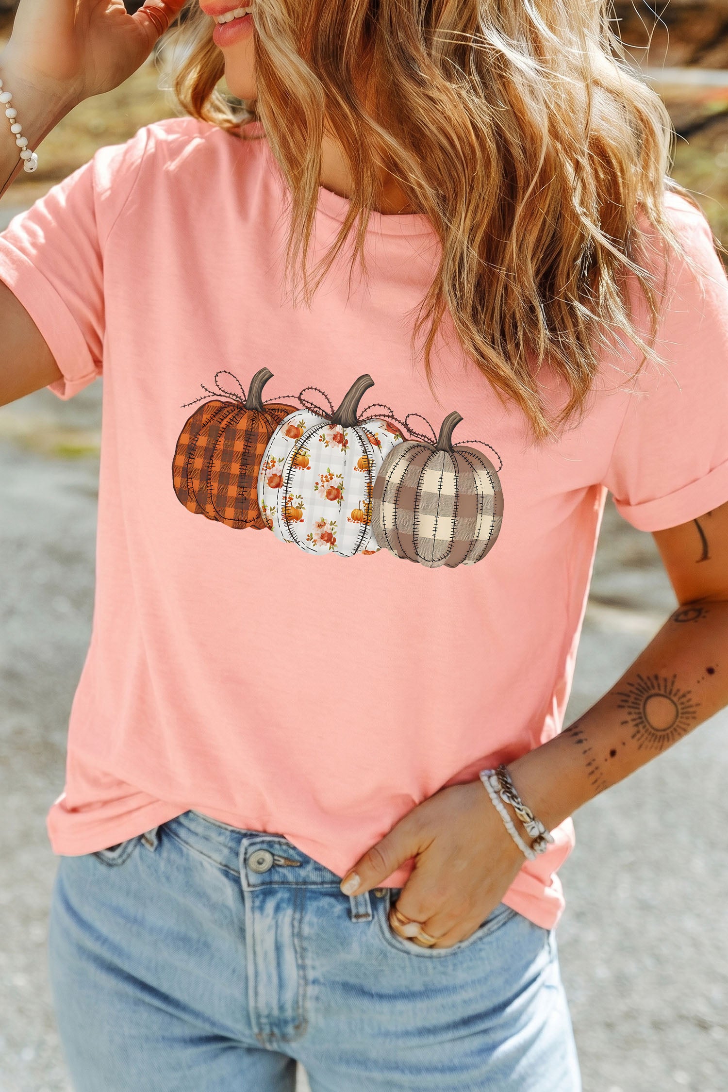 Mix Pattern Pumpkin Print Round Neck T Shirt – Pink