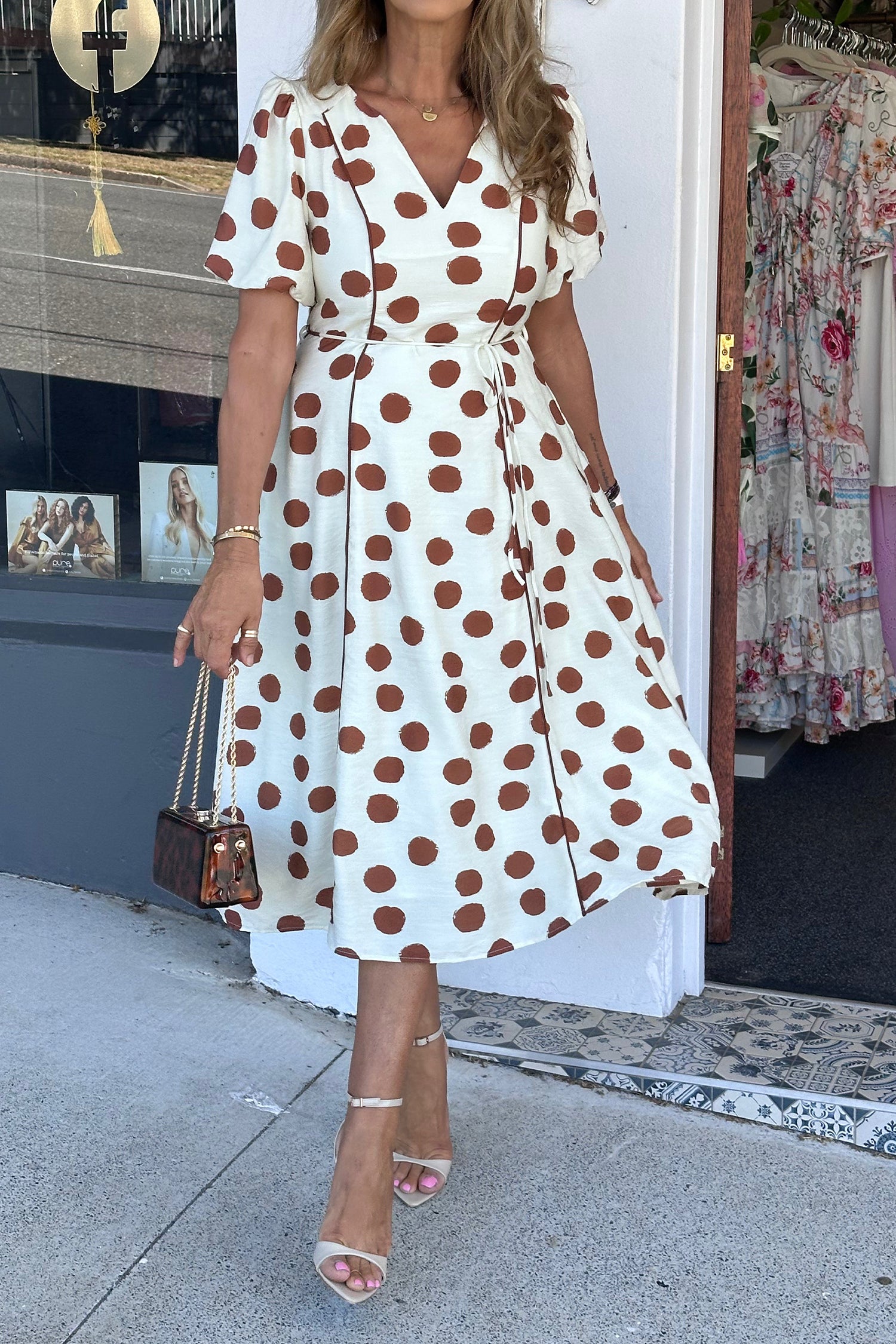 White Polka Dot Printed V-Neck Short Sleeve Tie Waist Midi Dress
