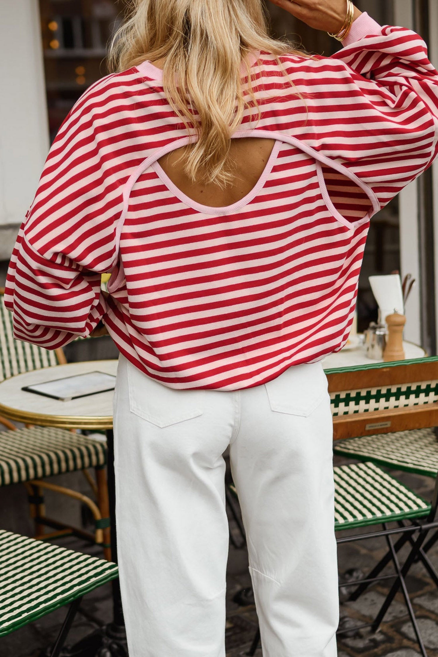 Cutout Open Back Long Sleeve Loose Top – Red Stripe