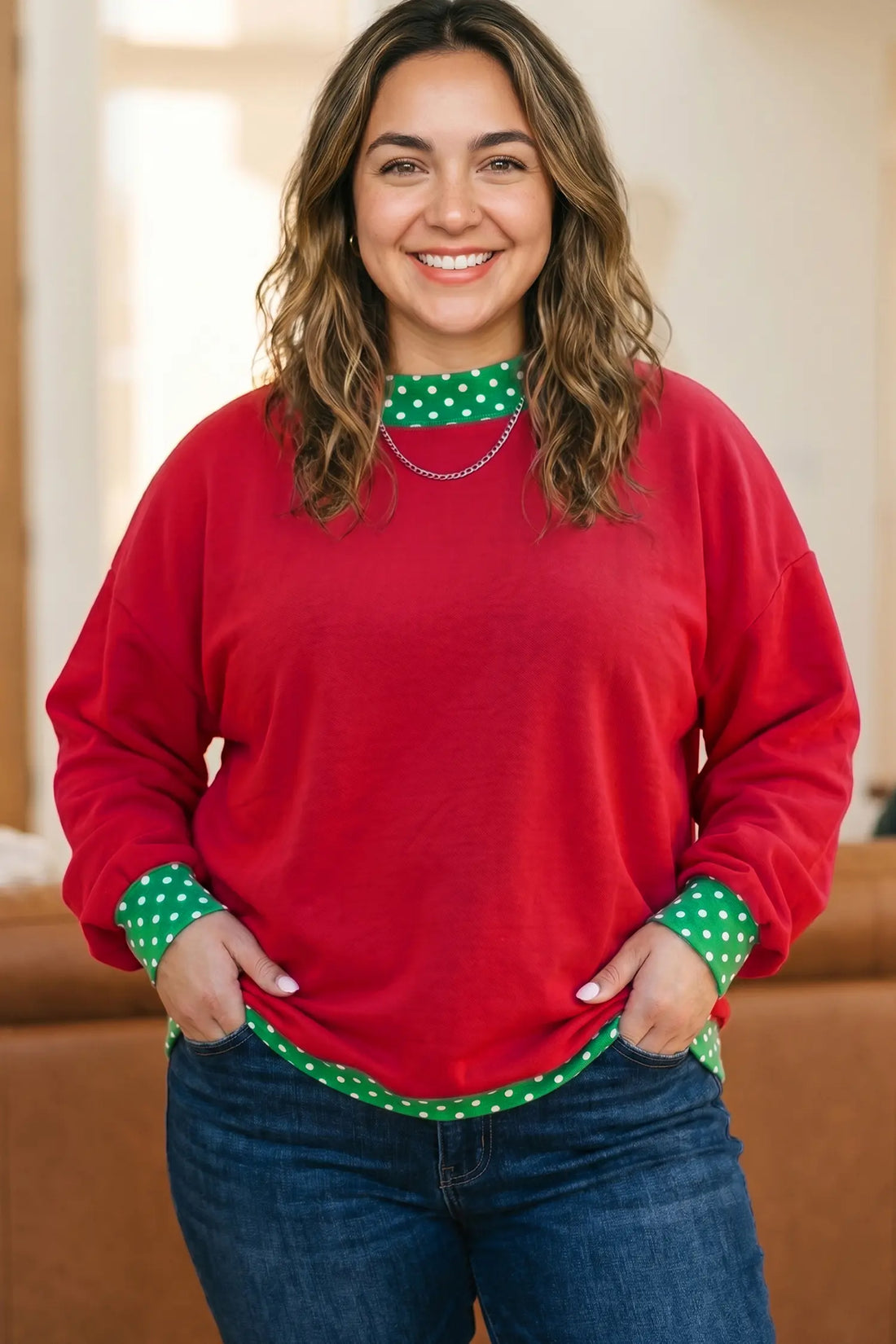 Polka Dot Patchwork Round Neck Plus Size Sweatshirt – Racing Red