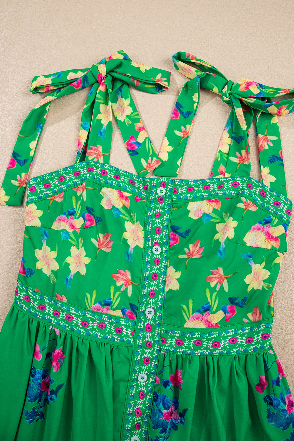 Green Floral Print Contrast Trim Knotted Straps Midi Dress eAura