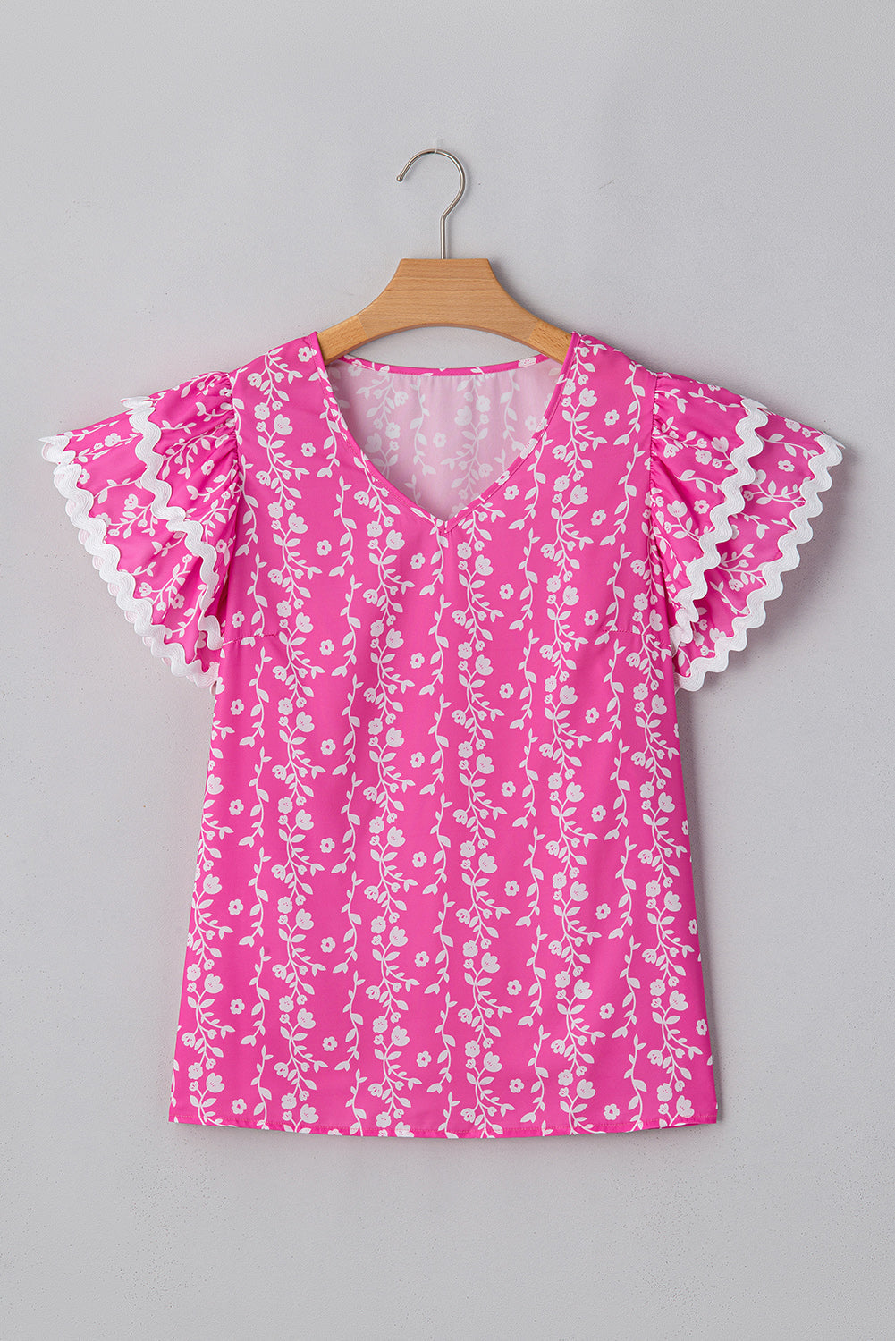 Pink Floral Print Ric-rac Tiered Ruffled V Neck Blouse eAura