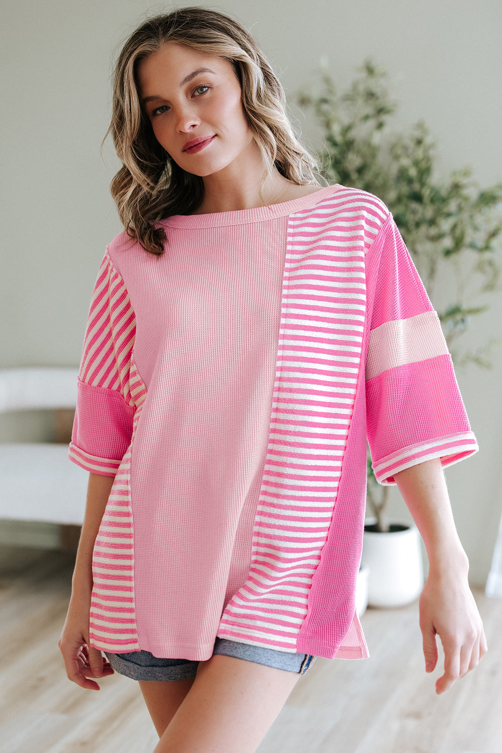 Pink Stripe Colour Block Patchwork Loose Half Sleeve T Shirt eAura