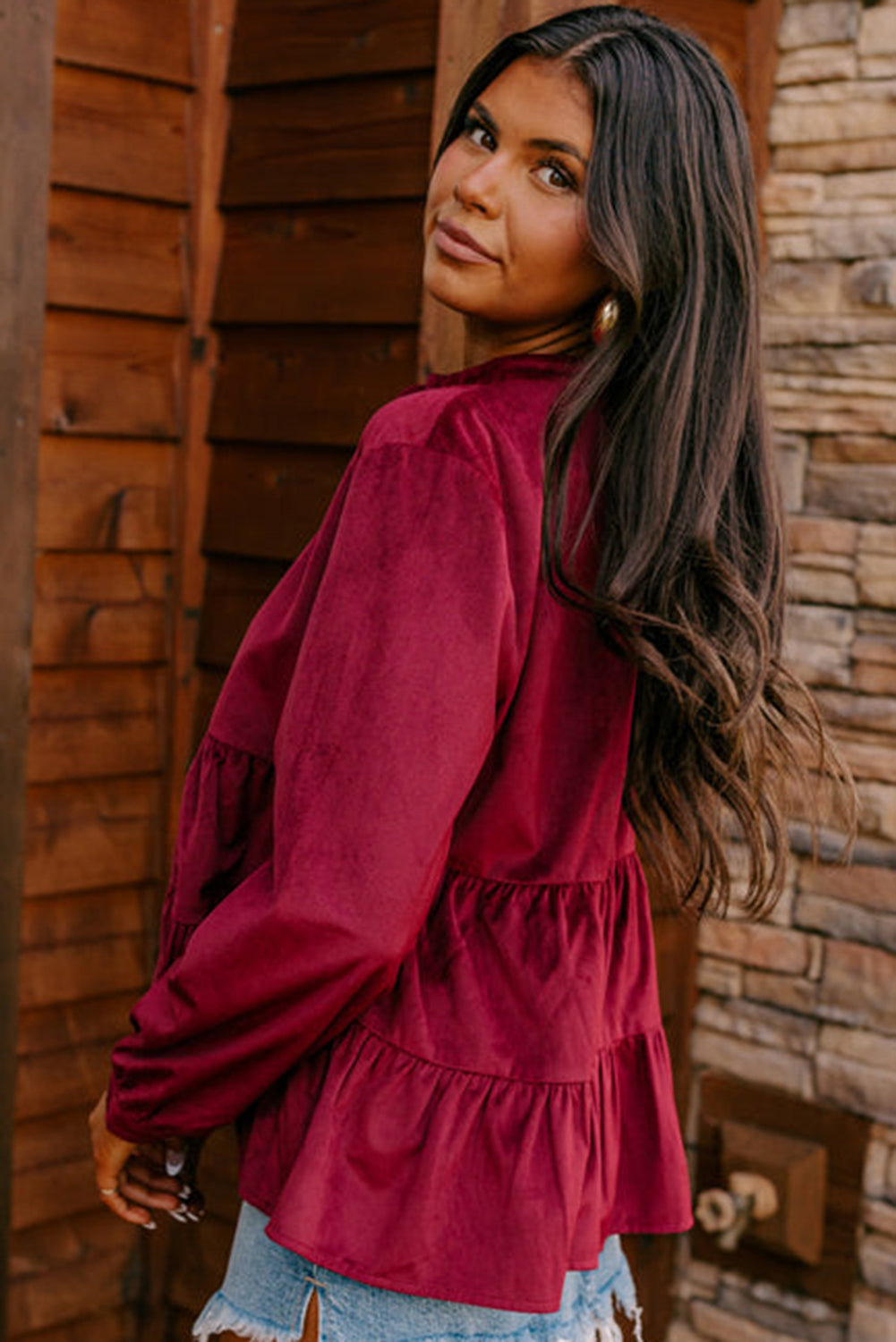 Burgundy Corduroy Ruffle Tiered Buttoned O Neck Shirt eAura