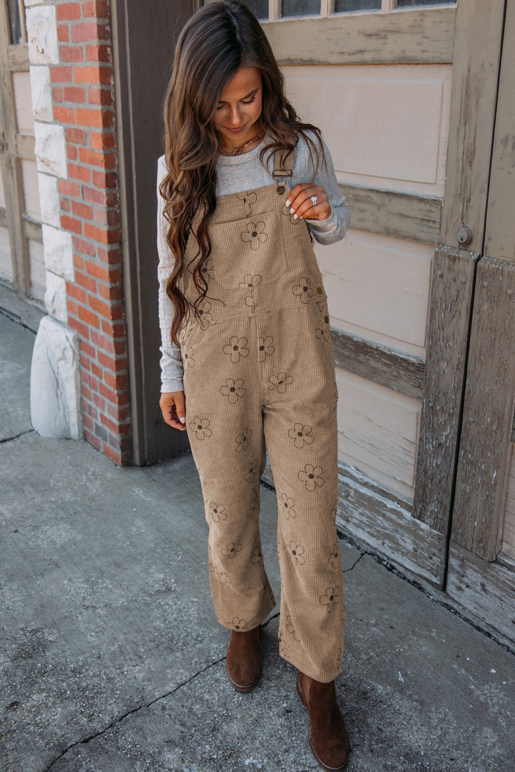 Khaki Flower Print Corduroy Overalls eAura