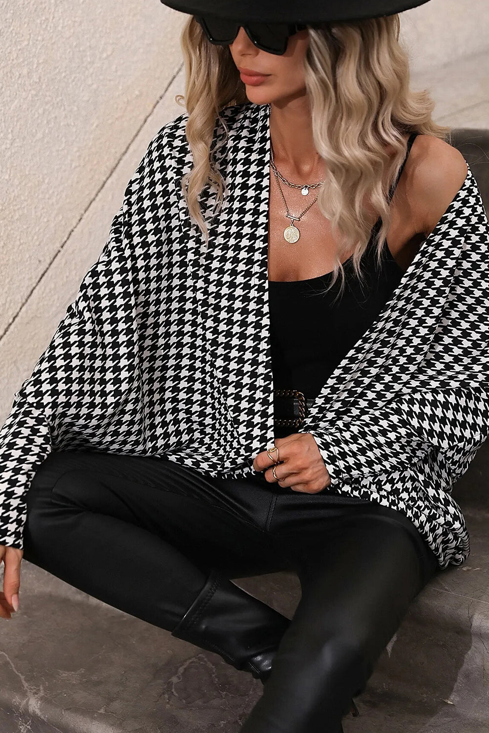 Black Houndstooth Print Open Front Long Dolman Kimonos - eAura