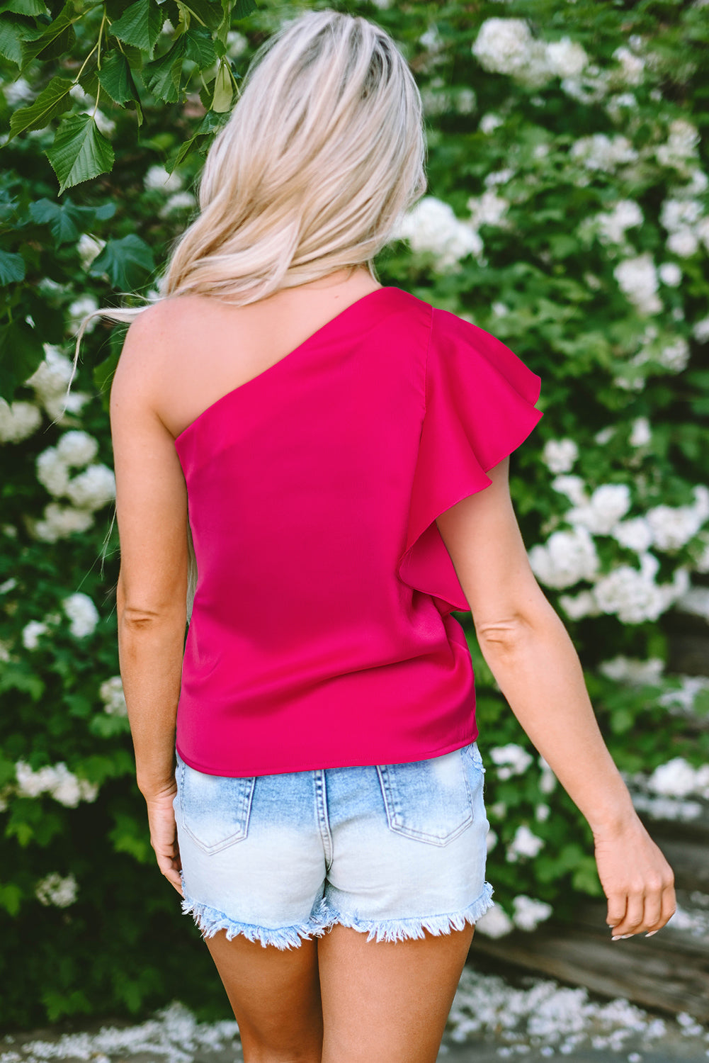 Strawberry Pink Asymmetric Shoulder Ruffle Sleeve Elegant Blouse eAura