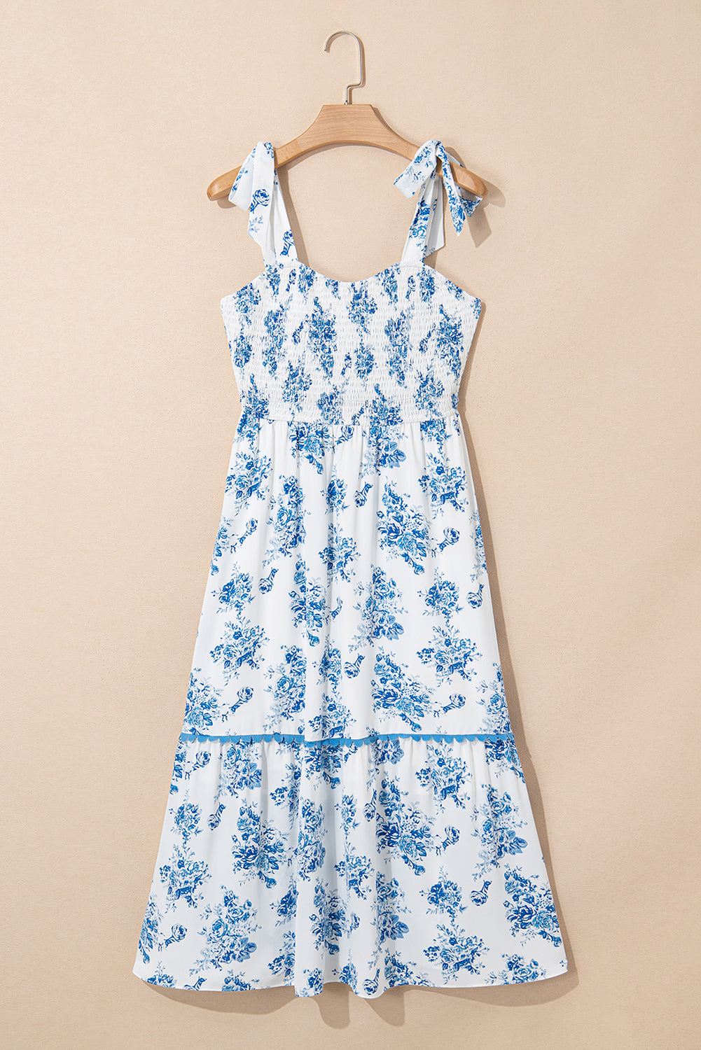Sky Blue Floral Print Shirred Knot Shoulder Sleeveless Long Dress eAura