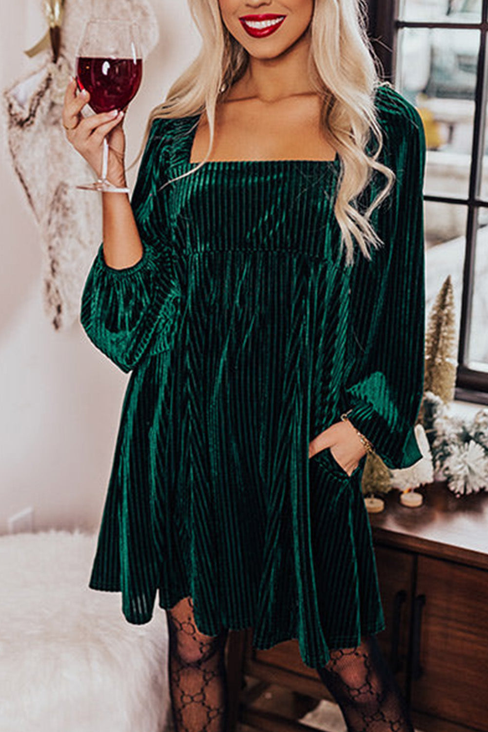 Red Tie Back Square Neck Velvet Babydoll Dress eAura