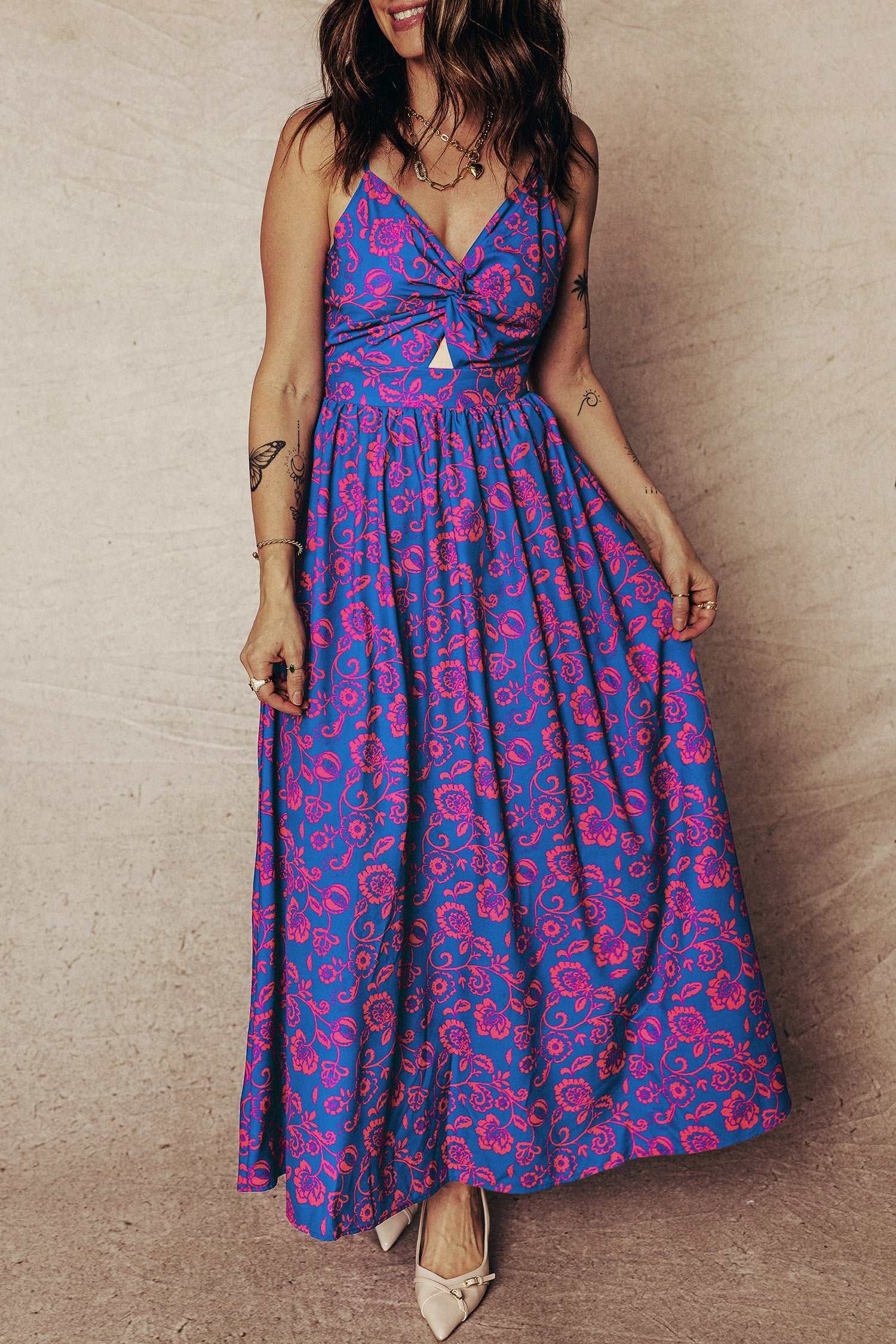 Blue Floral Print Twisted V-Neck Tied Backless Maxi Dress