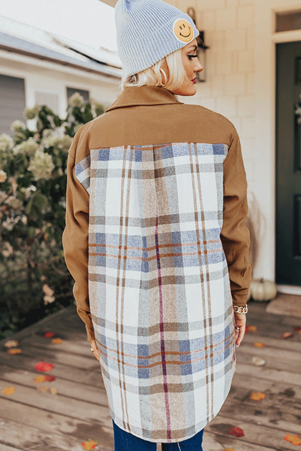 Khaki Plaid Patchwork Long Sleeve Shirt Mini Dress eAura