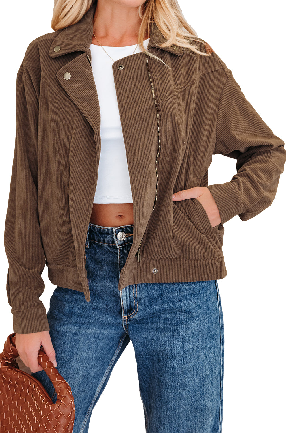 Zip Up Lapel Collar Soft Corduroy Jacket - eAura