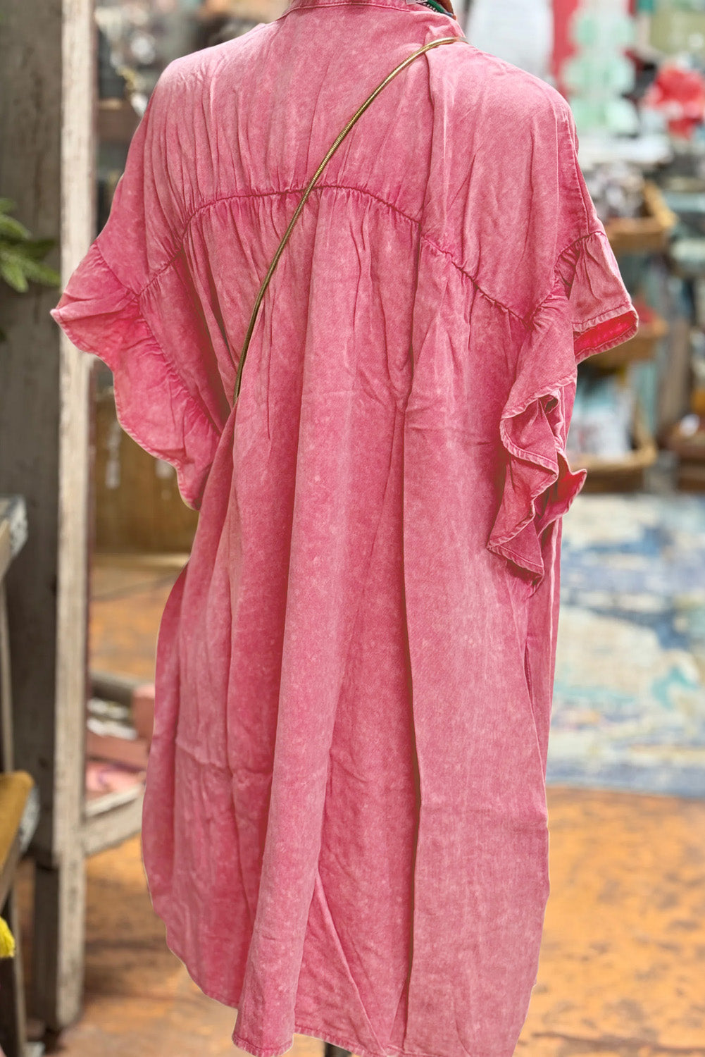 Pink Ruffled Short Sleeve Buttoned Denim Mini Dress eAura