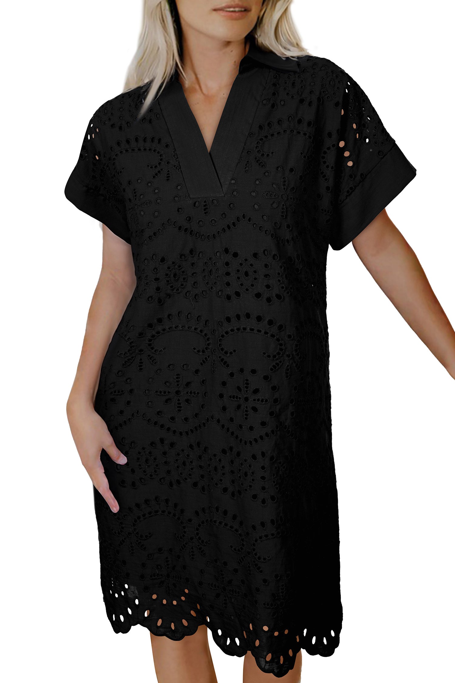 Solid Color Eyelet Embroidered T Shirt Mini Dress – Rose Red