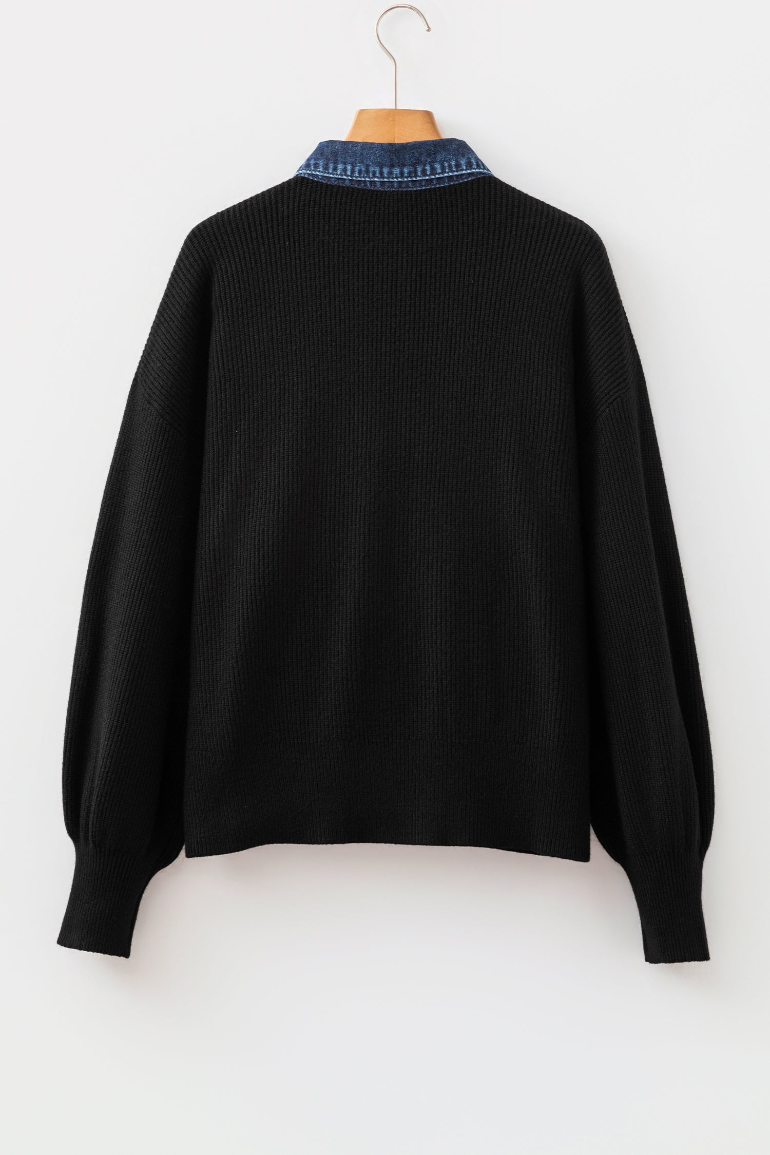 Drop Shoulder Placket Paneling Shirt Collar Long Sleeve Cardigan – Color Black
