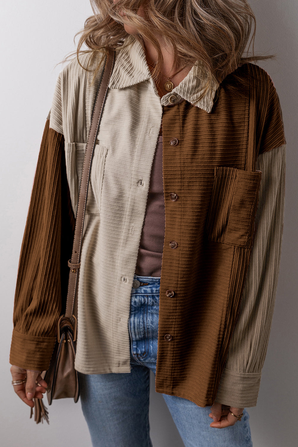 Brown Colour Block Chest Pockets Buttoned Corduroy Shacket Beagle Boutique Fashion Outlet