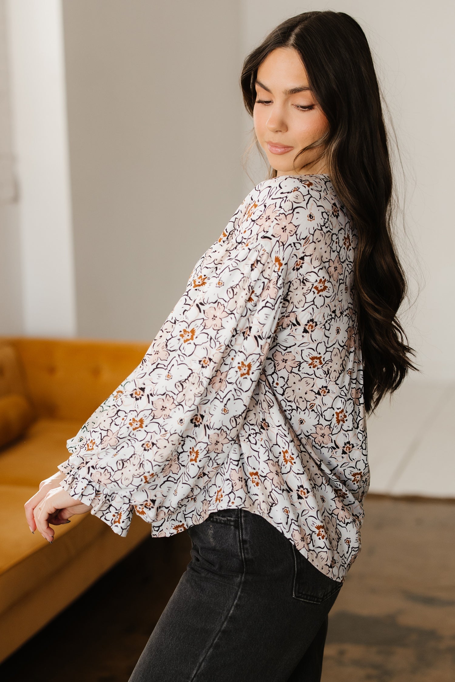 Bold Floral Print Frilled Puff Sleeve Button Down Shirt - Tops/Blouses & Shirts