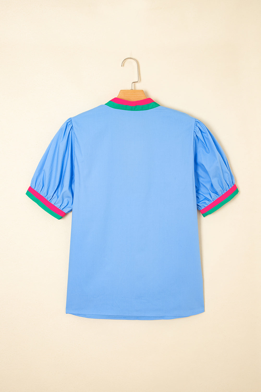 Contrast Striped V Neck Collision Short Puff Sleeve Blouse eAura