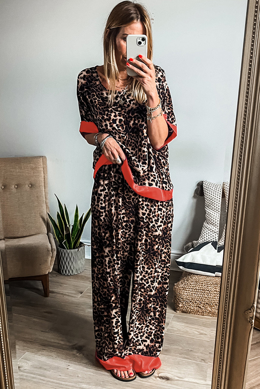 Brown Animal Print Colour Contrast Edge Loose Fit Trousers Set eAura