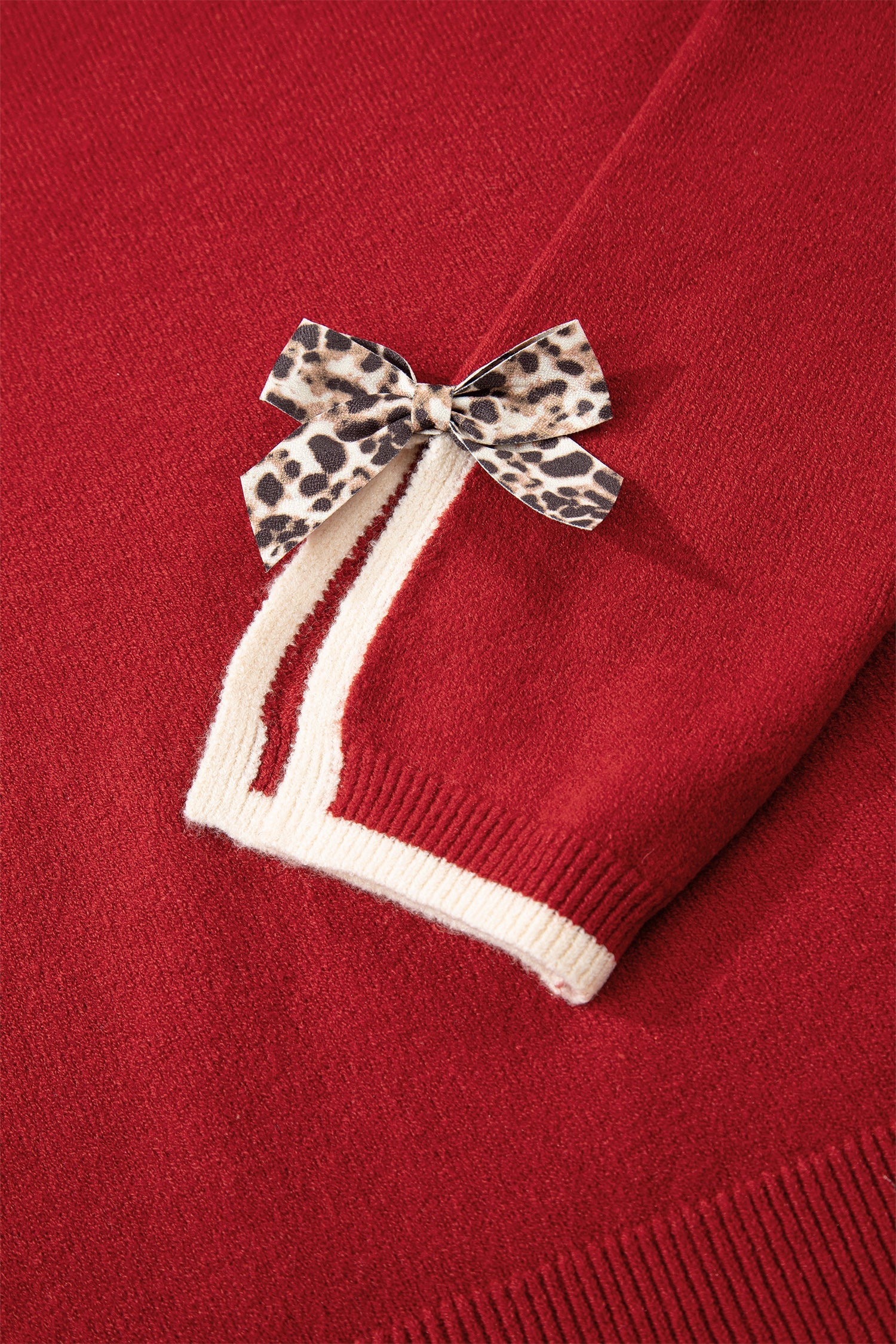 Leopard Bow Decor Split Cuff Contrast Trim Sweater - eAura