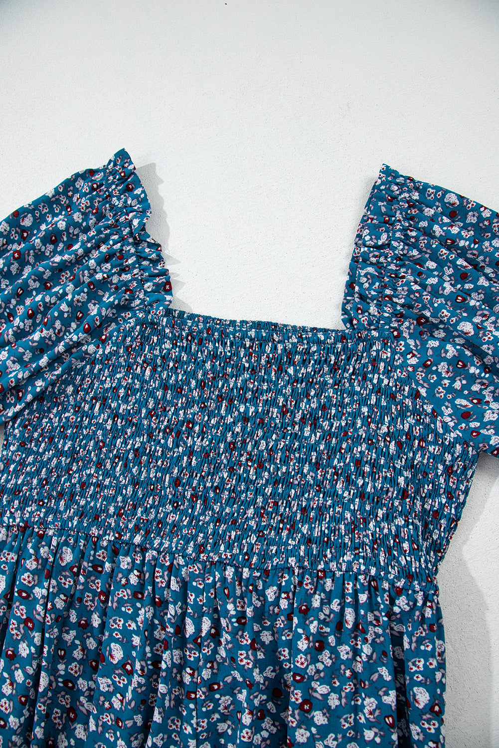 Blue Vintage Boho Floral Smocked Short Puff Sleeve Wide Leg Jumpsuit eAura