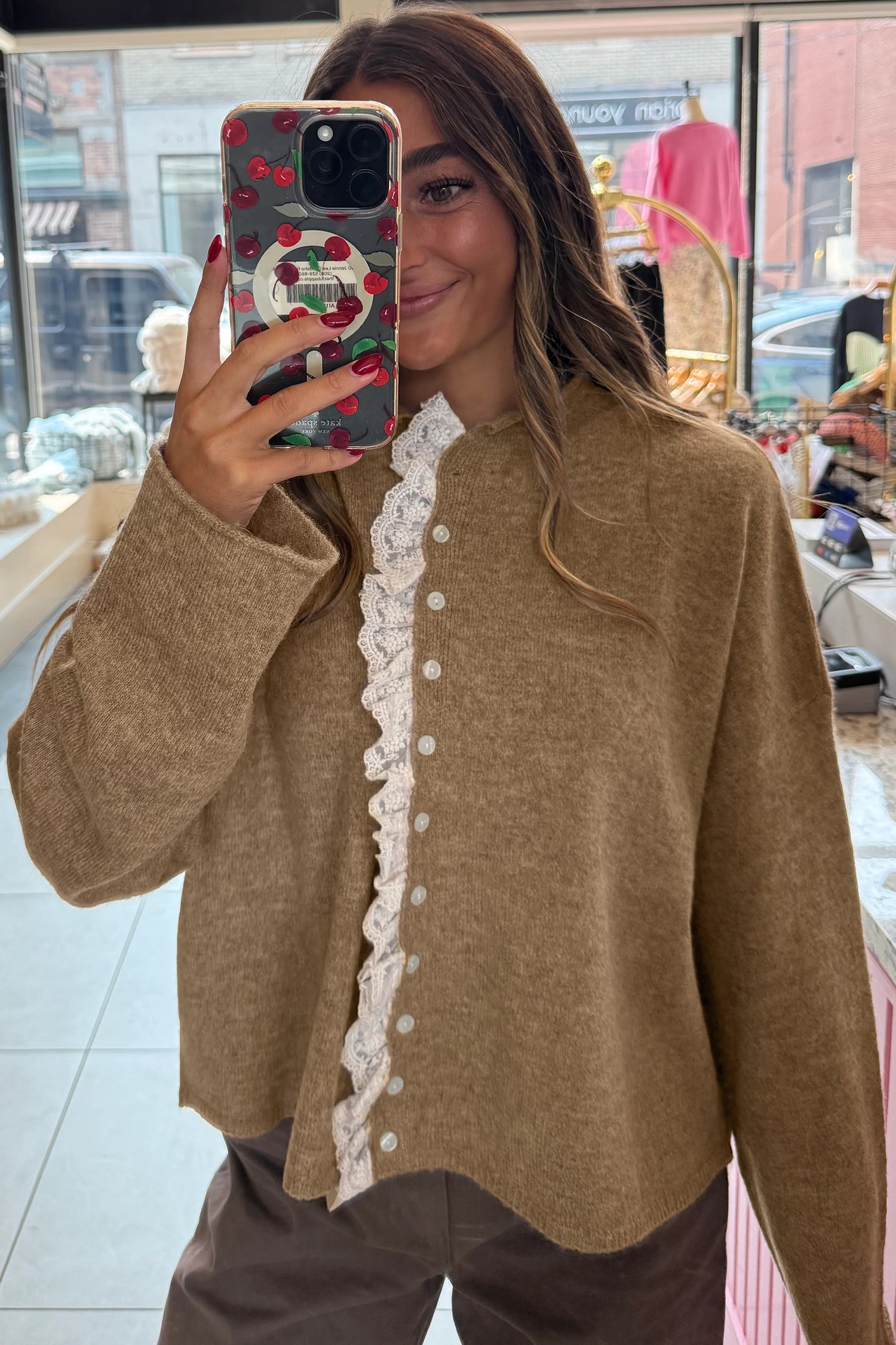 Contrast Frilled Lace Trim Loose Cardigan