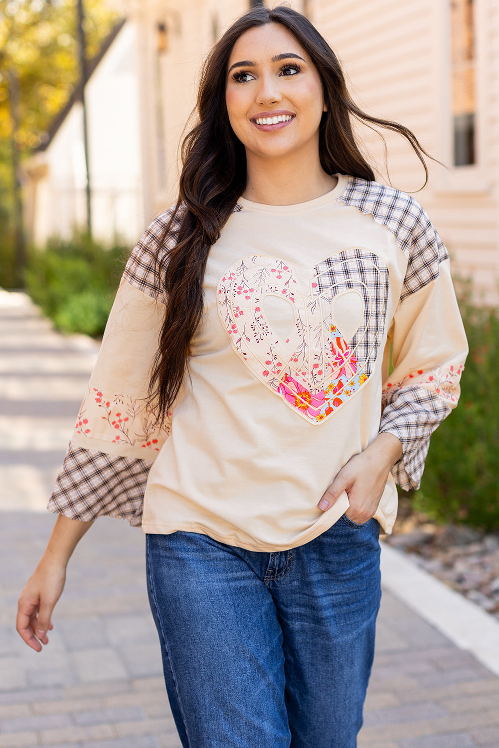 Clearly Aqua Plaid Floral Peace Heart Graphic Wide Long Sleeve Top Beagle Boutique Fashion Outlet