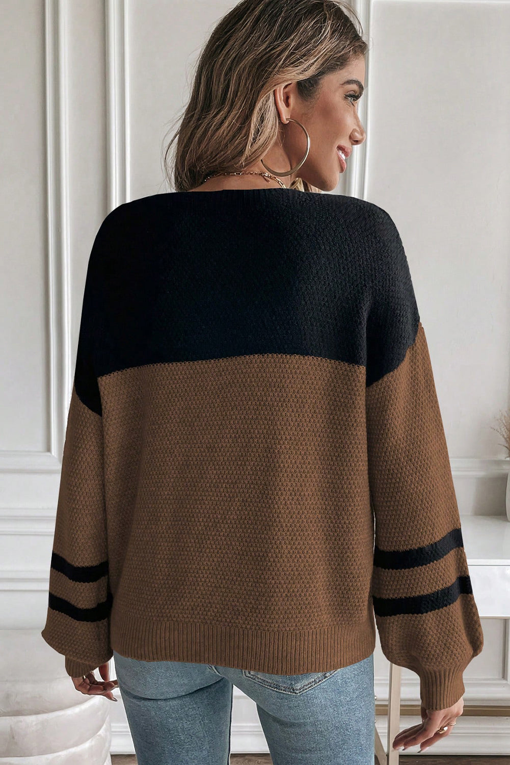 Colour Block Knit Striped Sleeve Detail Casual Sweater eAura
