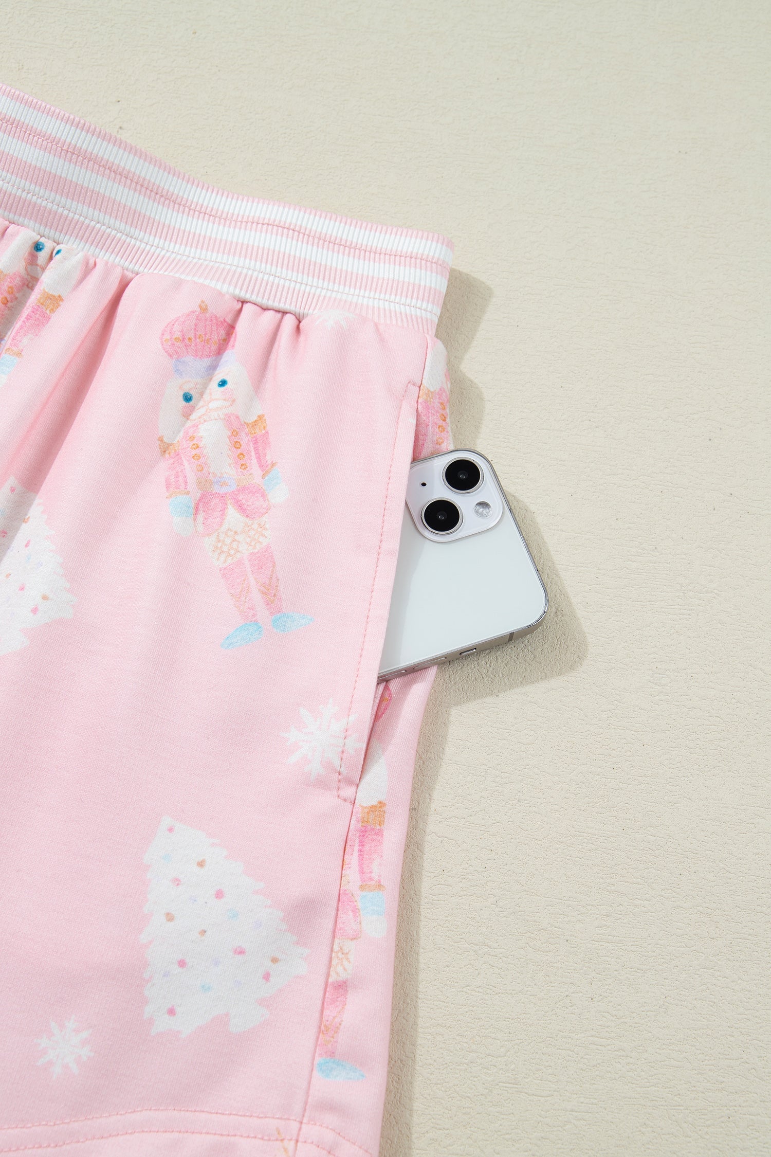 Pink Christmas Tree Nutcracker Doll Print Contrast Trim Long Sleeve Top Matching Shorts Set - Two Piece Sets/Short Sets