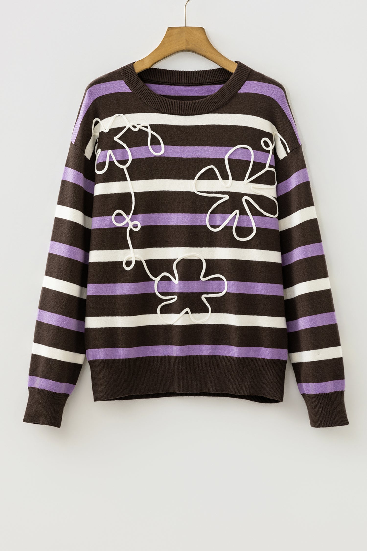 Embroidered Detail Drop Shoulder Pullover Sweater – Brown Stripe
