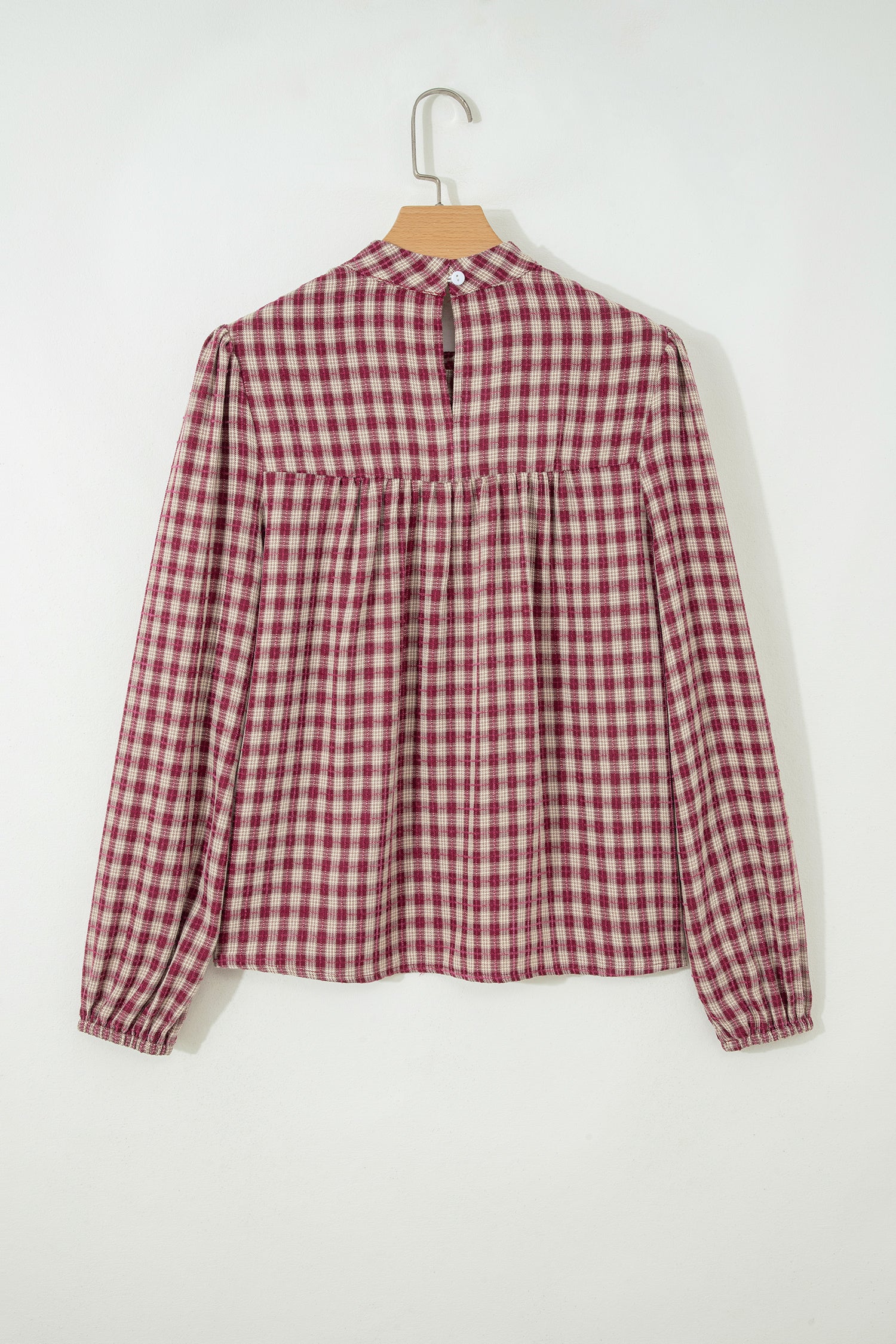 Country Plaid Long Sleeve Button Keyhole Pleated Loose Blouse – Coral