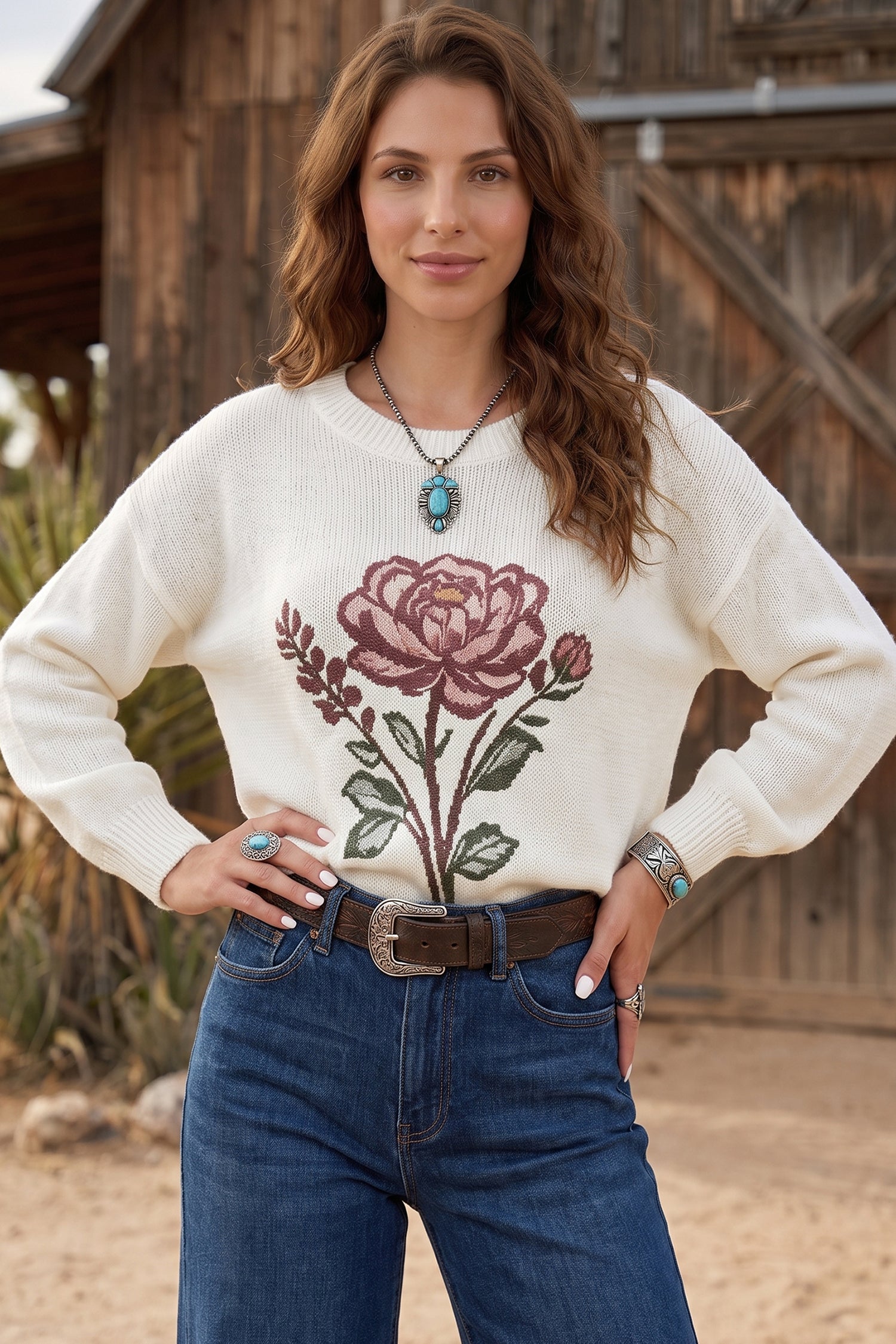 Western Floral Dropped Shoulder Lightweight Knit Sweater – White