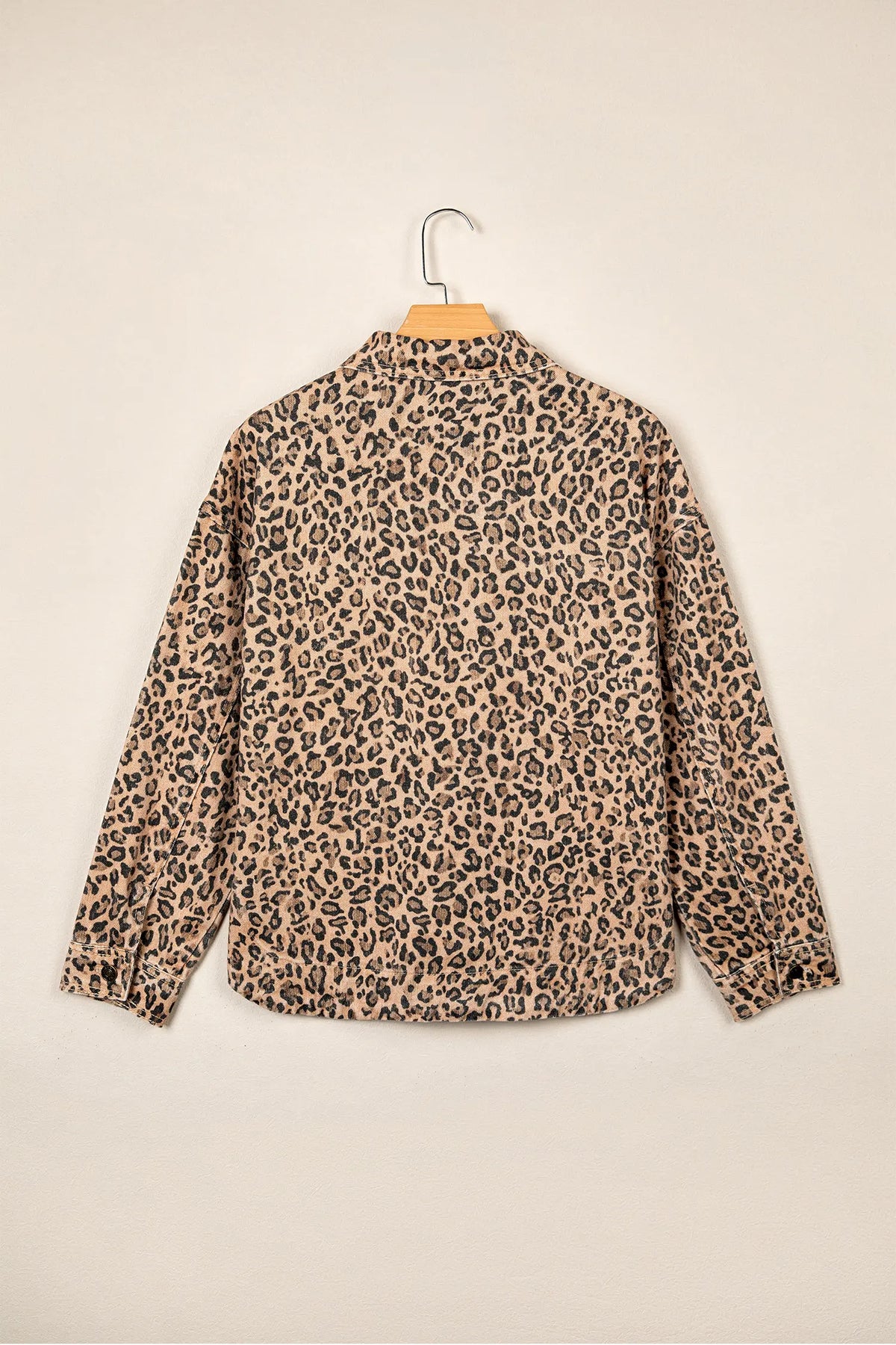Leopard Print Collar Long Sleeve Patch Pocket Shift Denim Jacket – Khaki