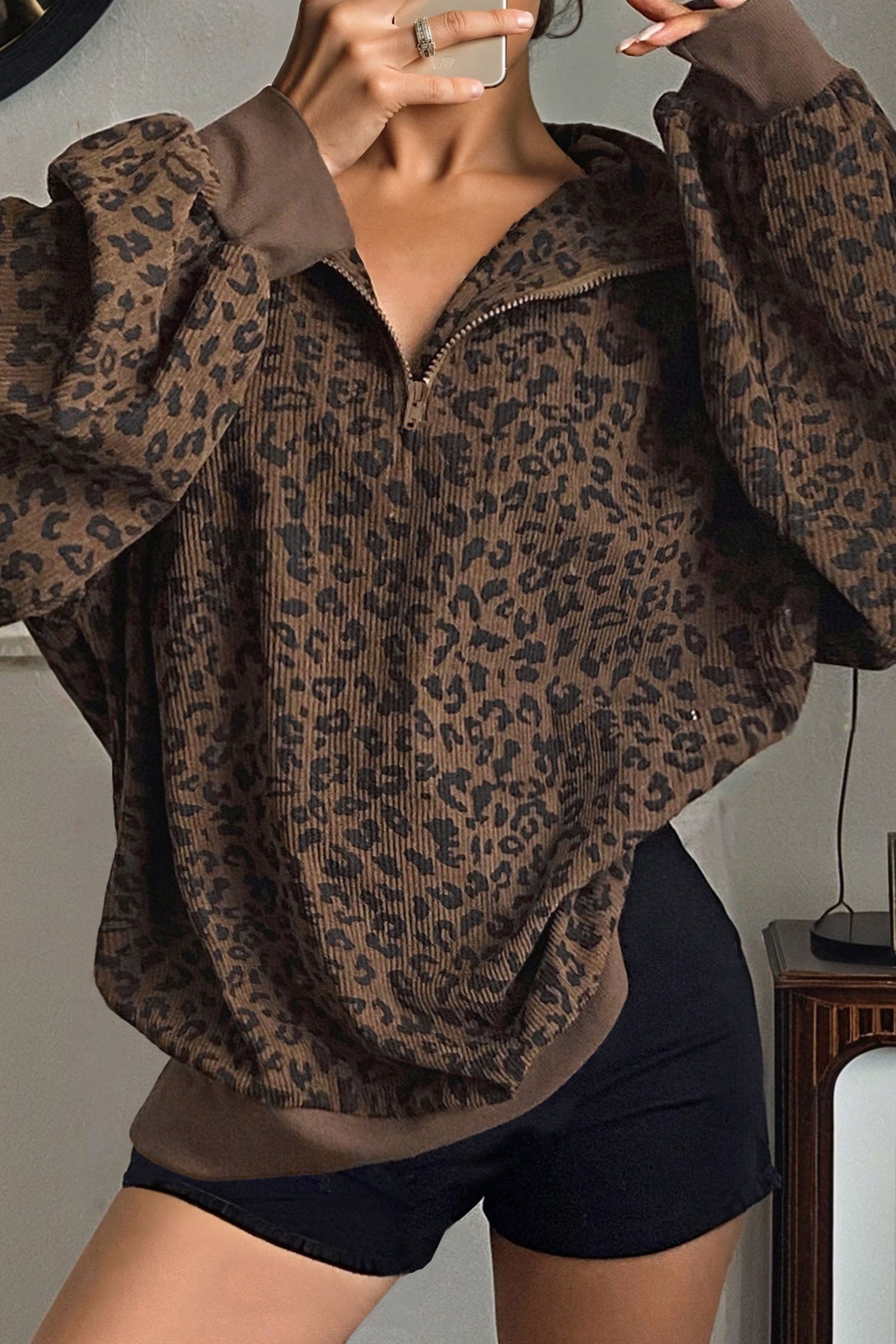 Leopard Print Quarter Zip Soft Corduroy Sweatshirt