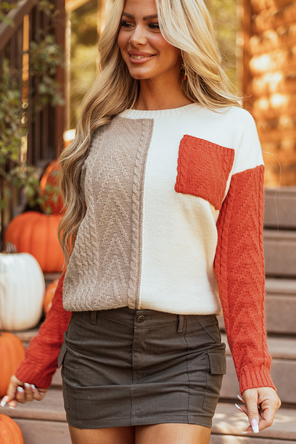 Rose Tan Colourblock Patched Pocket Drop Shoulder Sweater eAura