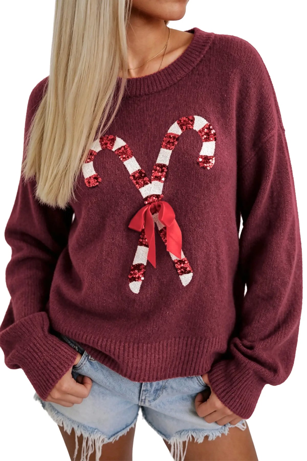 Sequined Christmas sweater - Candy cane festive jumper