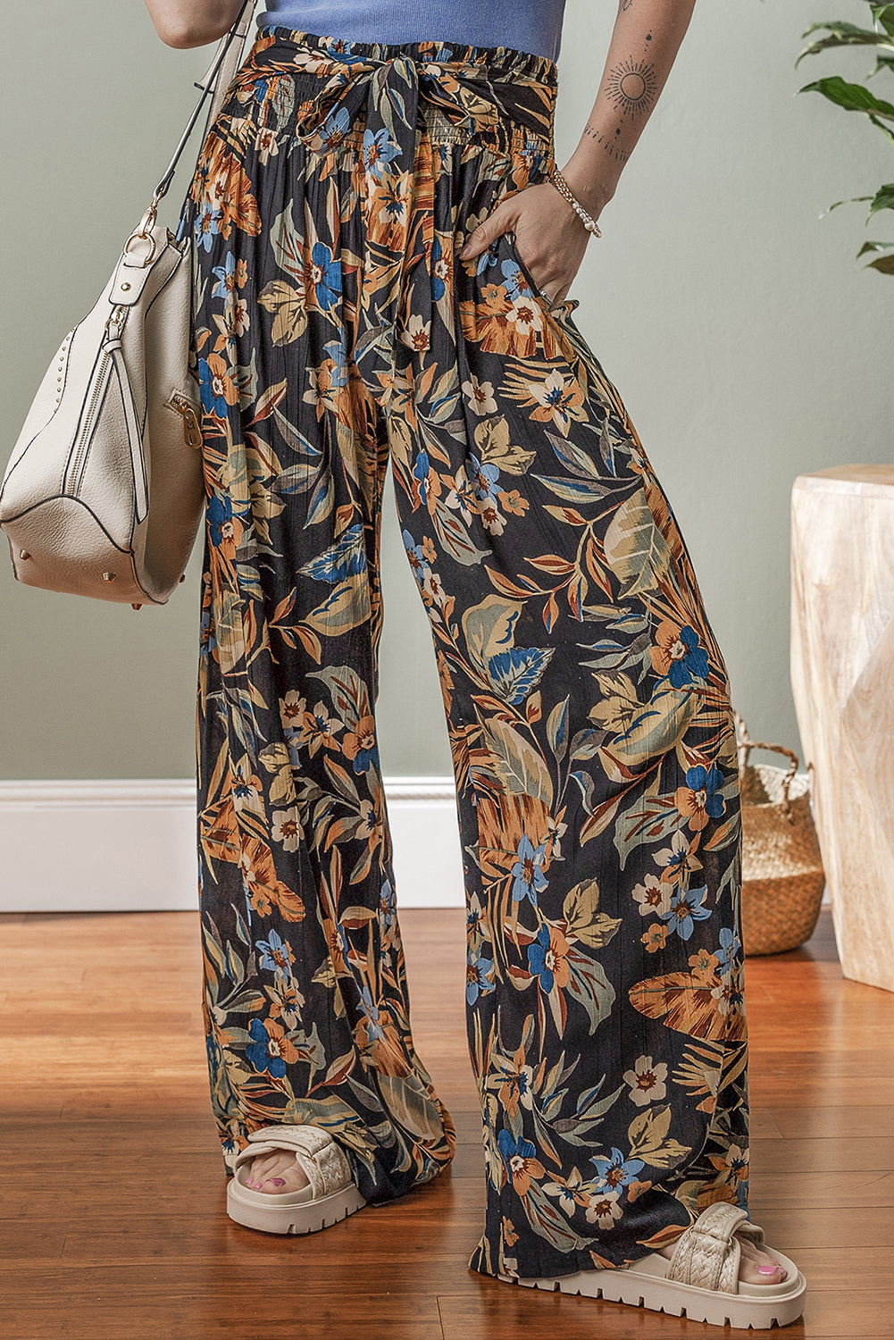 Multicolour Floral Shirred High Waist Wide Leg Trousers with Tie eAura