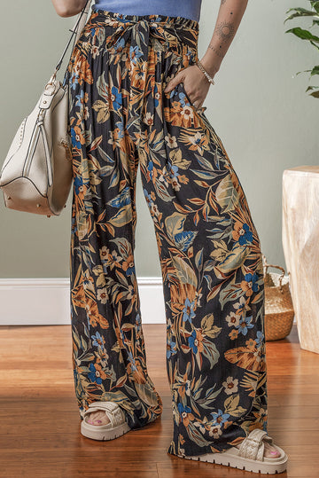 Multicolour Floral Shirred High Waist Wide Leg Trousers with Tie eAura
