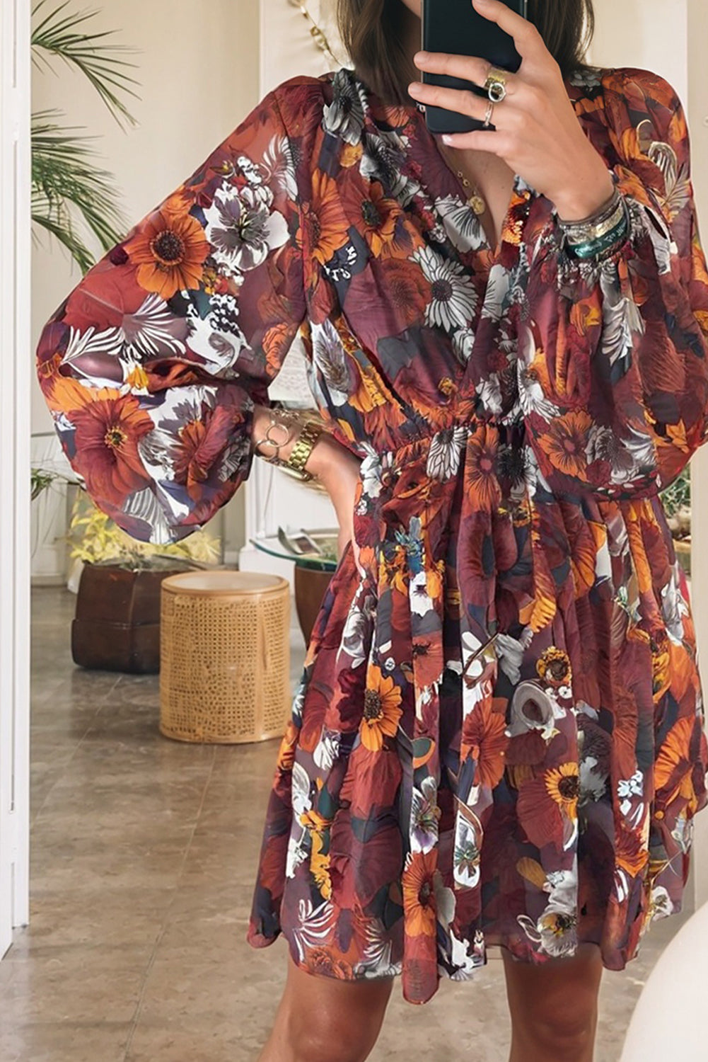 Floral Print Wrap V-Neck Puff Sleeve Flowy Mini Dress - eAura