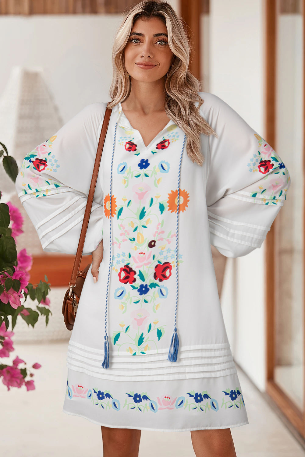White Floral Print Boho Tassel Tie Split Neck Tucking Detail Puff Sleeve Mini Dress eAura