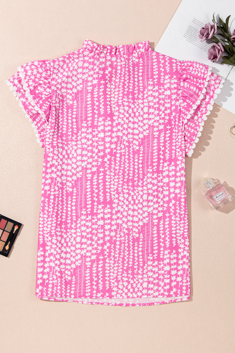 Pink Abstract Print Ric Rac Trim Flutter Sleeve Notch V Neck Blouse eAura