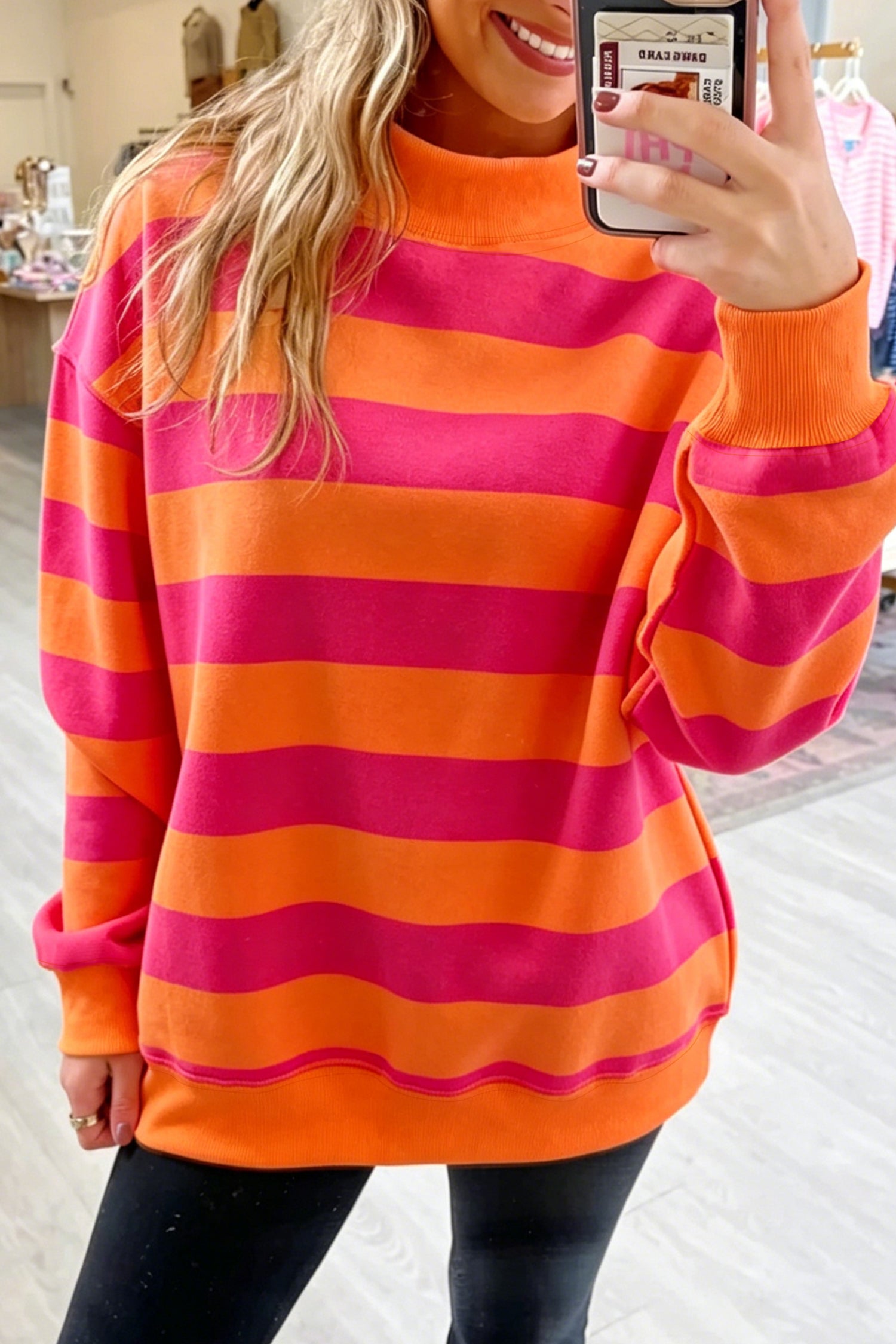 Colorblock Mock Neck Relaxed Sweatshirt – Blue Stripe