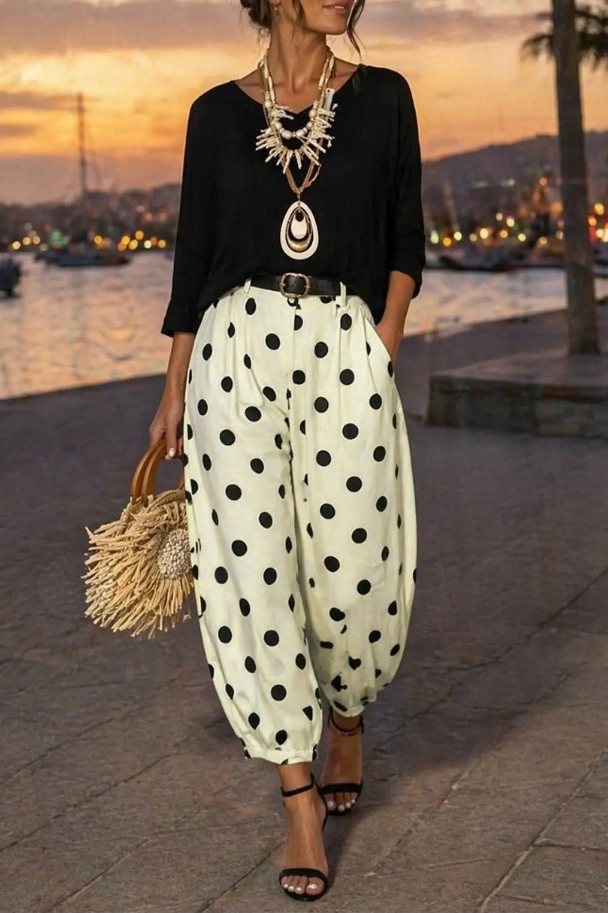 Polka Dot Ankle Length Harem Pants – Black