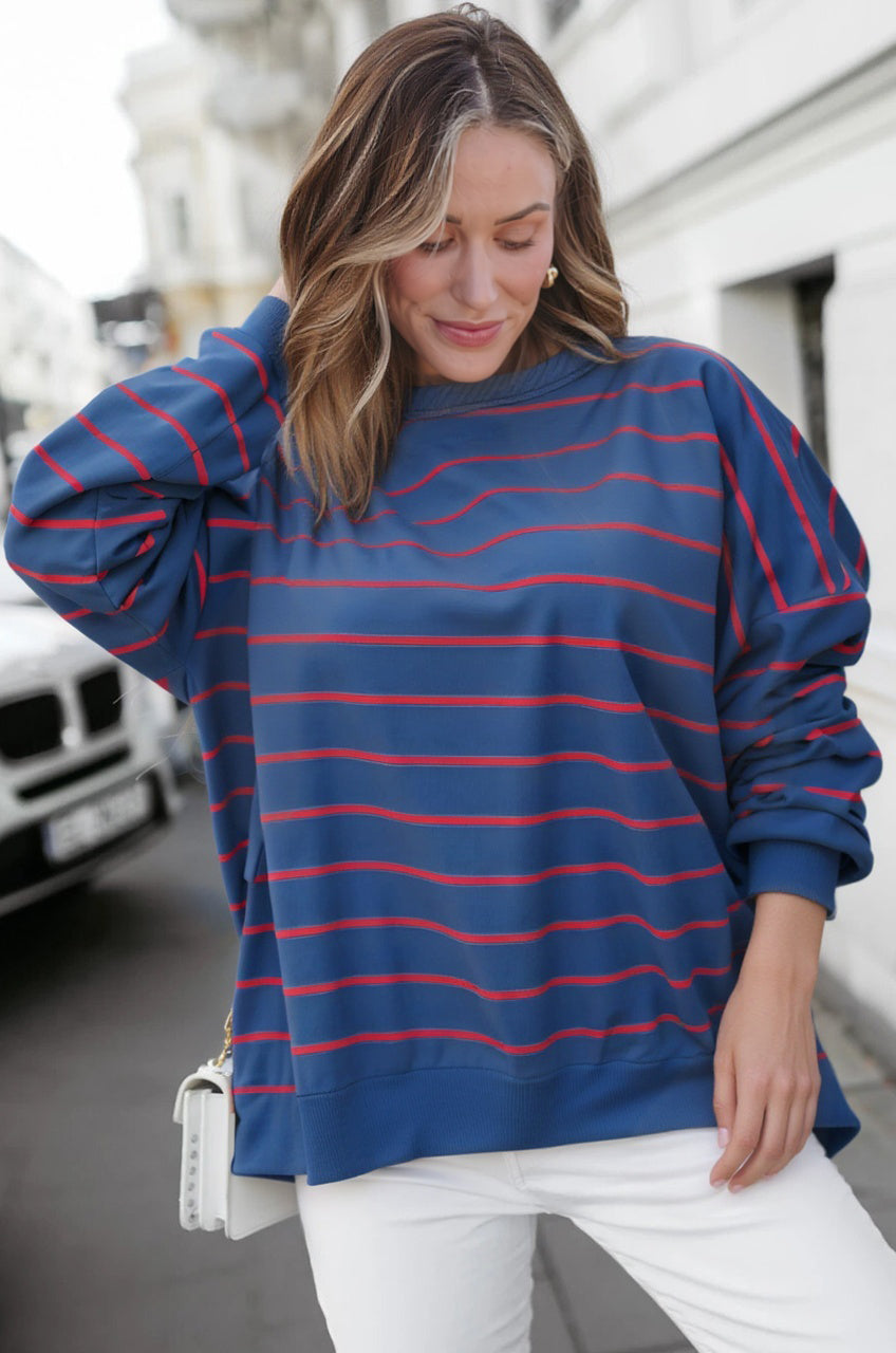 Striped Overlap Detail Drop Shoulder Pullover Sweatshirt eAura