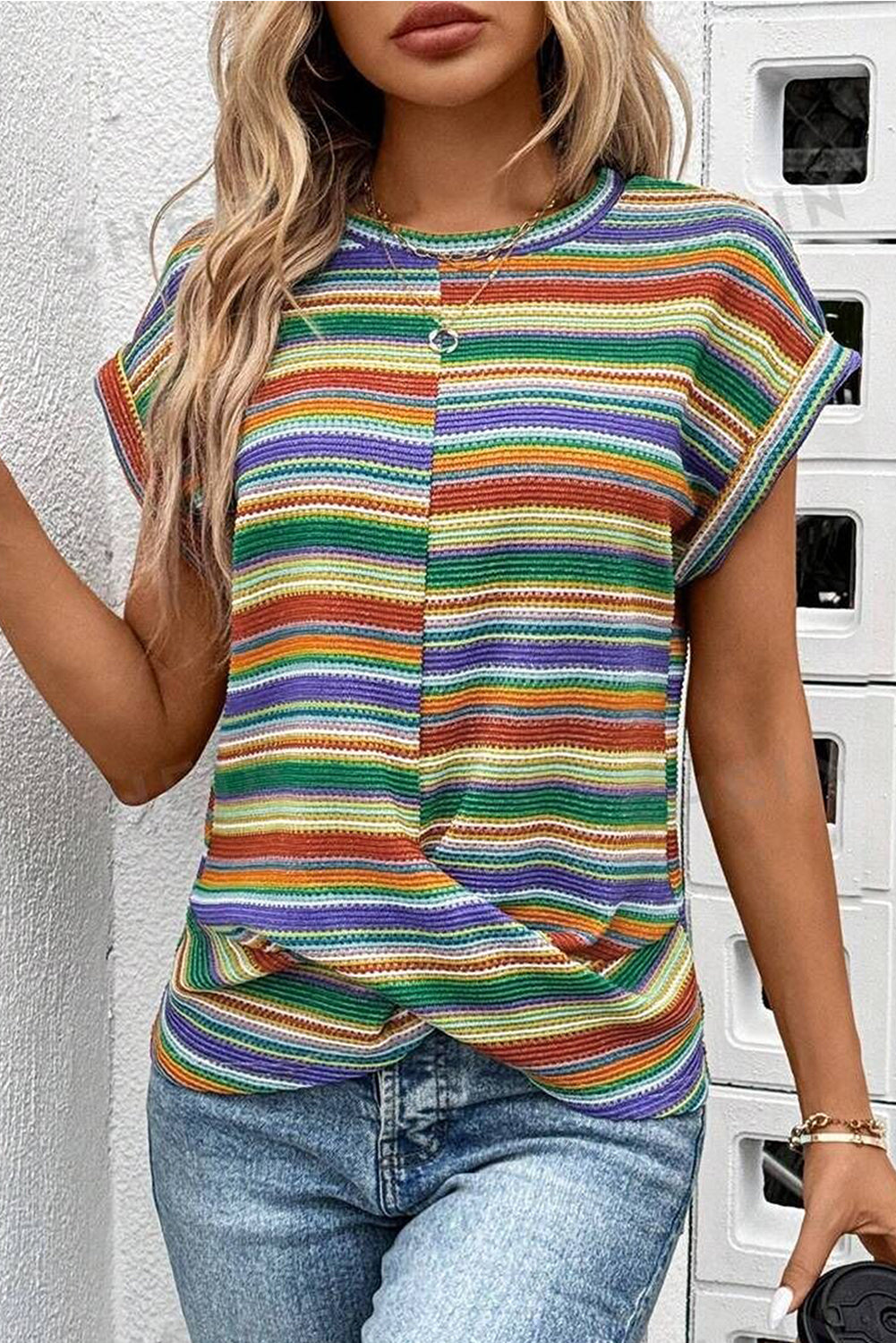 Multicolour Striped Pattern Twist Hem Short Sleeve Top eAura