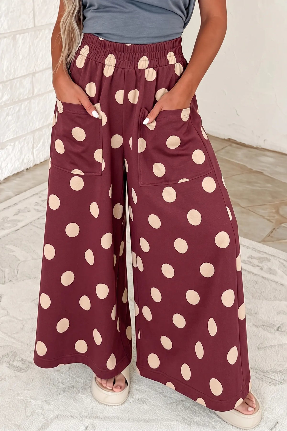 Sail Blue Polka Dot Wide Leg Elastic Waist Casual Pants