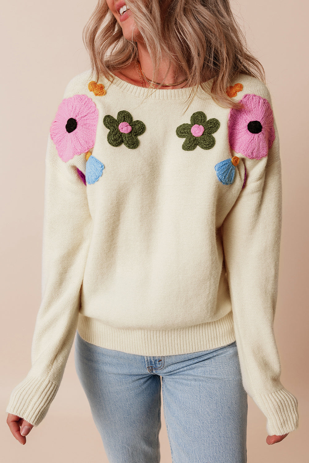 Light Blue Knitted Flower Pattern Ribbed Edge Sweater eAura